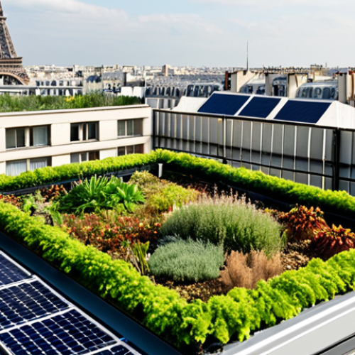 **Lush green roof in Paris:** A vibrant green roof atop a Parisian apartment building, showcasing diverse plant life. Solar panels are subtly integrated. In the background, the Eiffel Tower is visible, symbolizing sustainable urban living in France. Soft, diffused lighting.