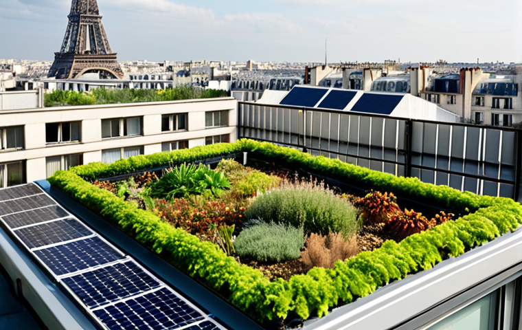 **Lush green roof in Paris:** A vibrant green roof atop a Parisian apartment building, showcasing diverse plant life. Solar panels are subtly integrated. In the background, the Eiffel Tower is visible, symbolizing sustainable urban living in France. Soft, diffused lighting.